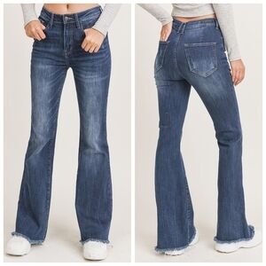 Risen High Rise Vintage Frayed Hem Flare Jeans, Dark Wash, Stretch Denim, EUC!